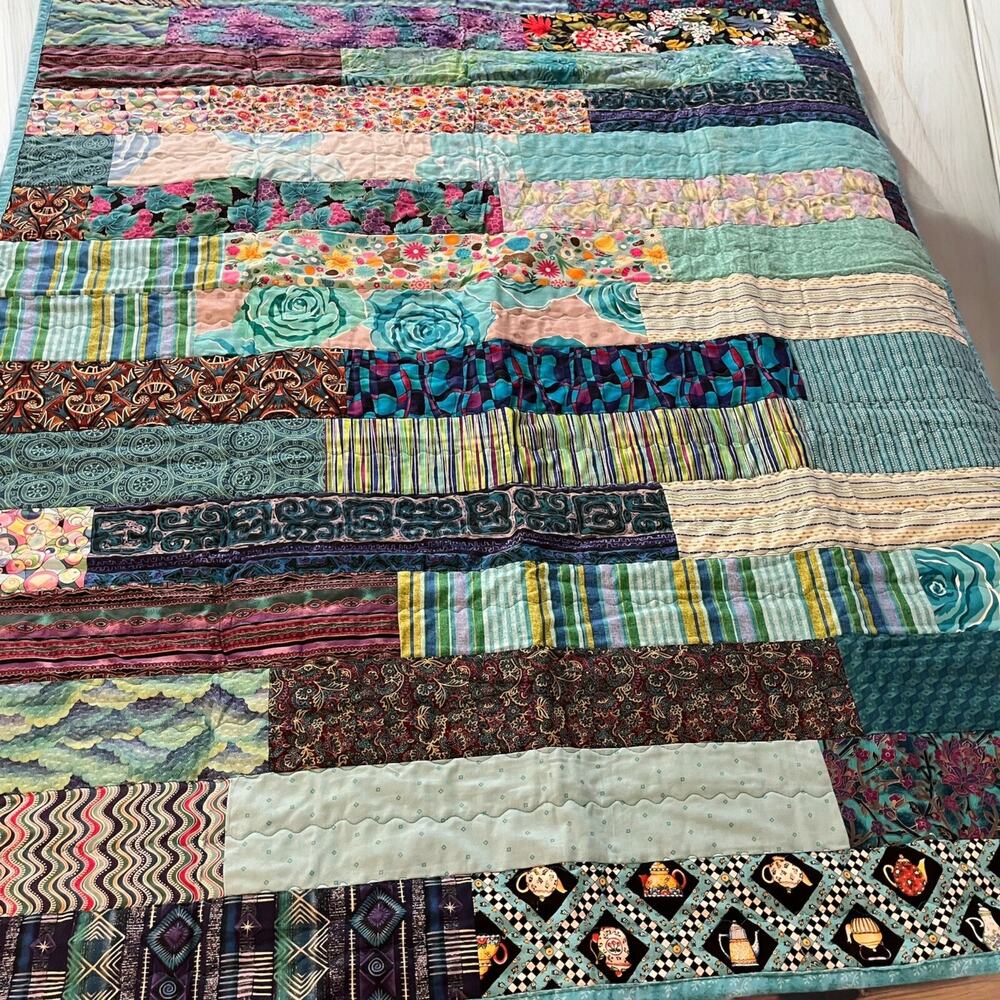 Handmade‎ Batik Quilt, Blue purple teapots stripes floral grapes 47 x 63" Size